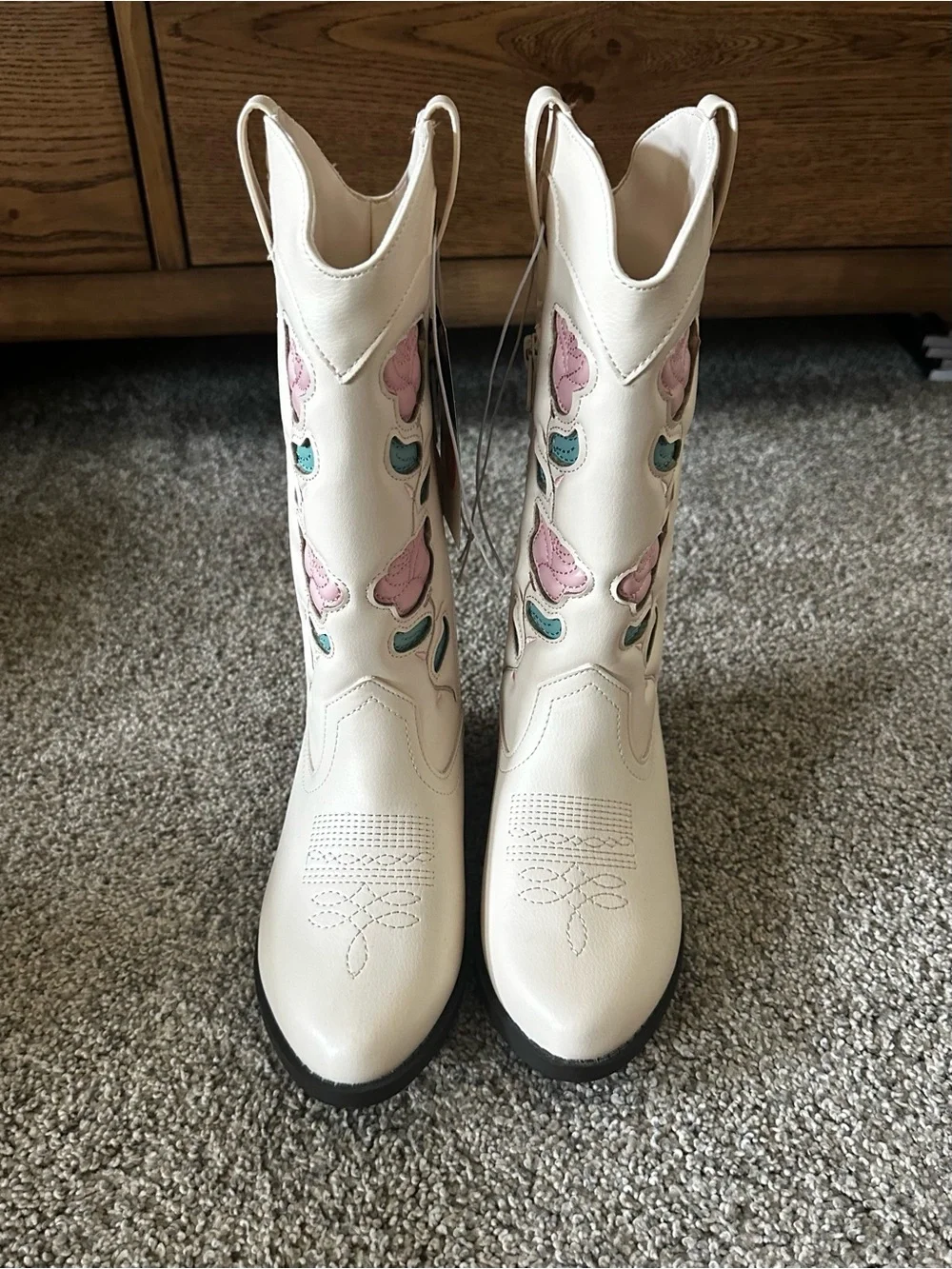NWT art class Cream Kids' Western Boots with Pink Rose Floral & Teal Leaves